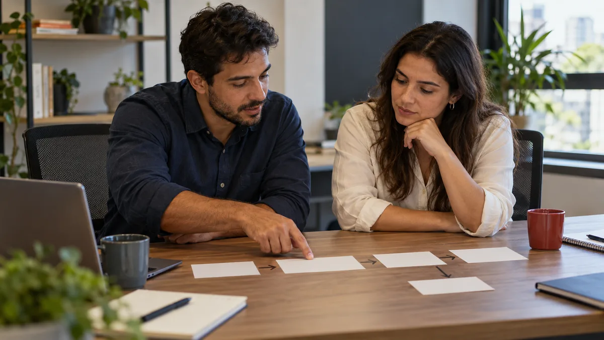 Cena ilustrativa de duas pessoas revisando um fluxo de passagem de leads em cartões de papel.
