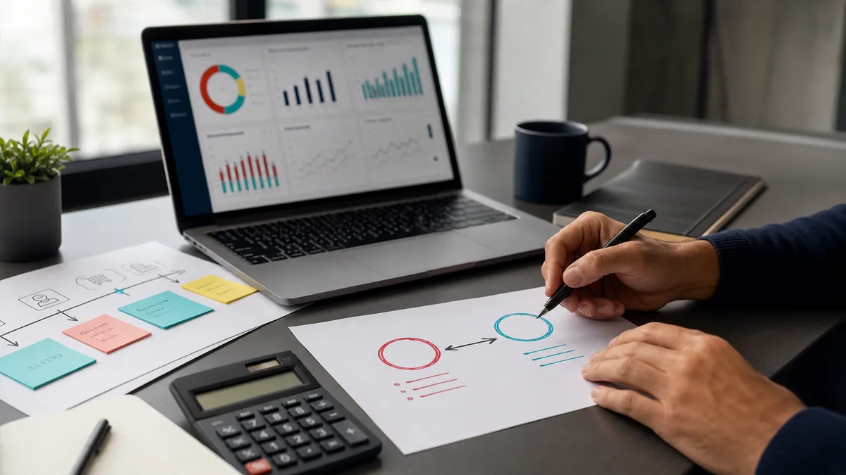 Consultor analisa custo de aquisição e valor do cliente em uma mesa de planejamento