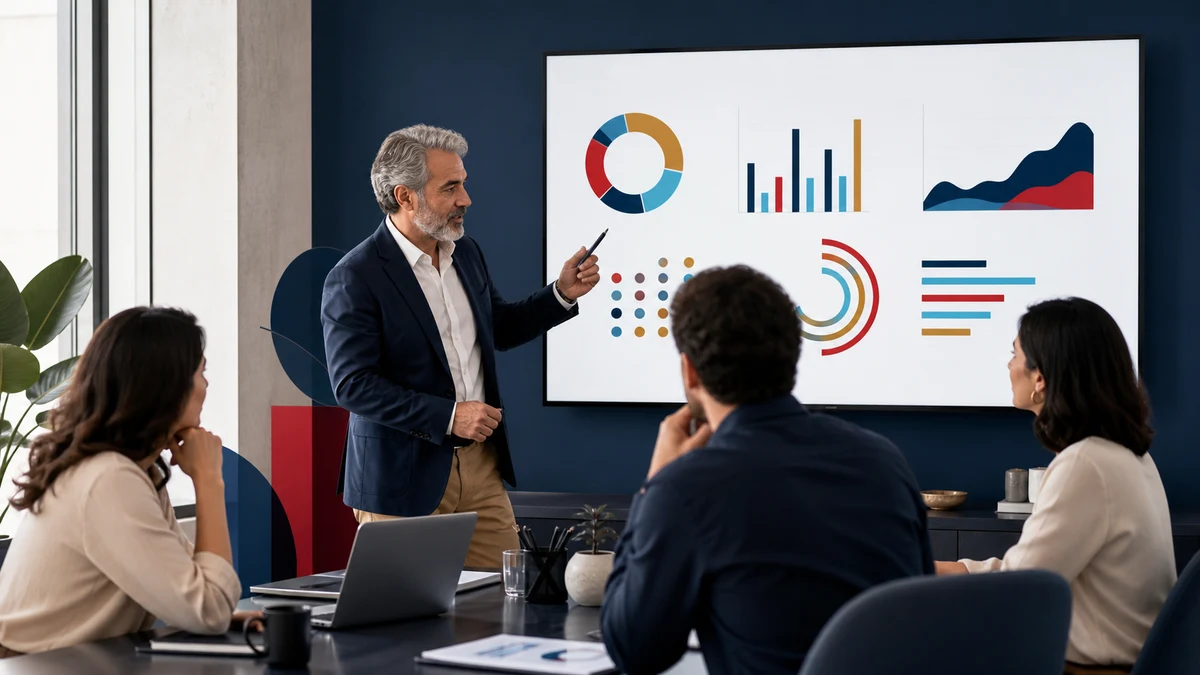 Consultor analisa um painel de indicadores de marketing em uma reunião executiva