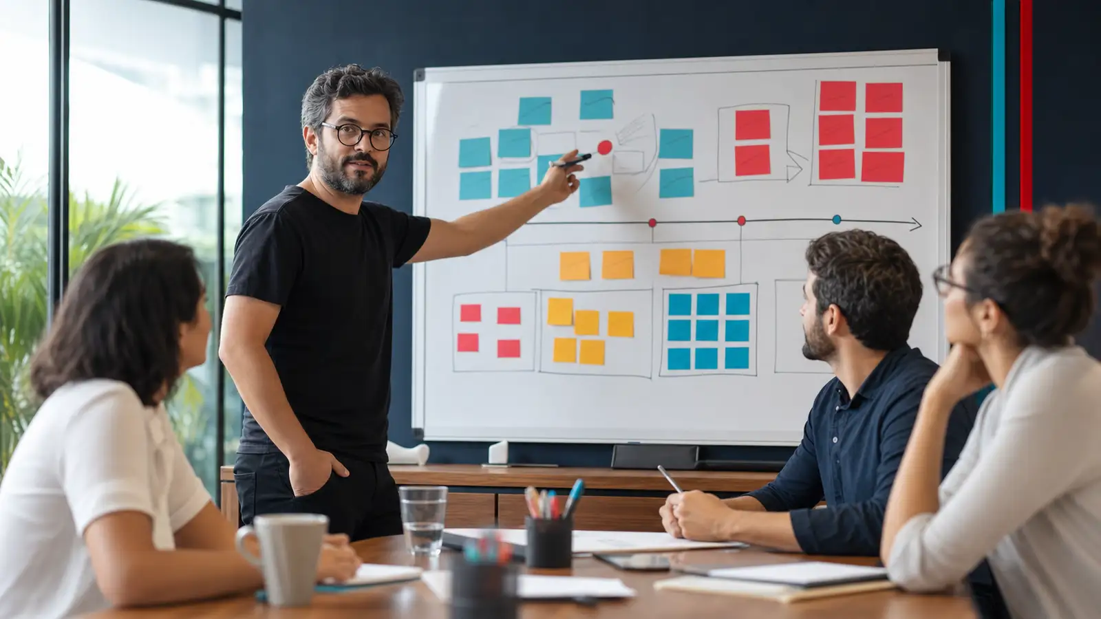 Consultor organiza prioridades de marketing em um quadro de planejamento de 90 dias para PME