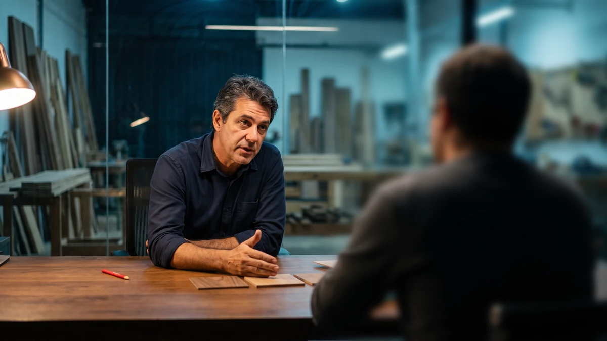 Dono de uma marcenaria conversa com um cliente à mesa, com amostras de madeira