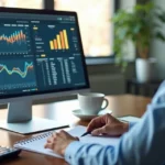 Pessoa analisando gráficos de marketing digital em tela de computador com calculadora e anotações ao lado