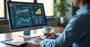Pessoa analisando gráficos de marketing digital em tela de computador com calculadora e anotações ao lado