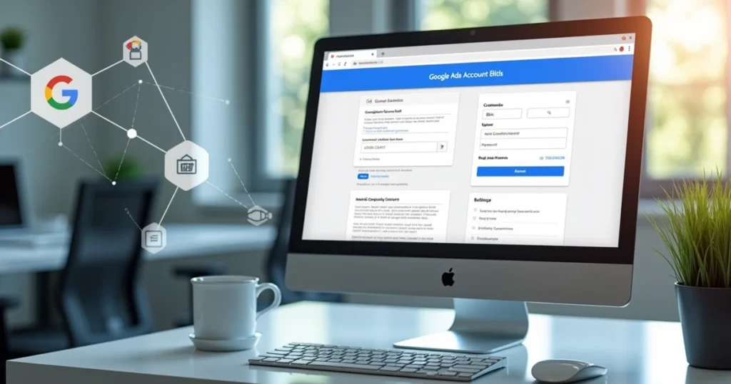 Tela de computador exibindo painel de criação de conta no Google Ads com informações comerciais e formas de pagamento