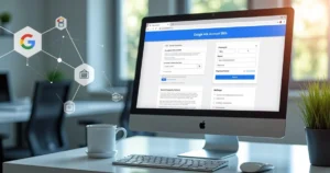 Tela de computador exibindo painel de criação de conta no Google Ads com informações comerciais e formas de pagamento