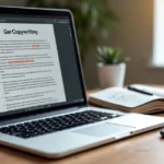 Mesa de trabalho com laptop exibindo texto de copywriting, caderno aberto com anotações e caneta, ao lado smartphone mostrando análise de dados digitais