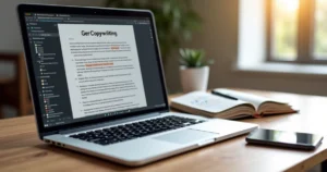 Mesa de trabalho com laptop exibindo texto de copywriting, caderno aberto com anotações e caneta, ao lado smartphone mostrando análise de dados digitais