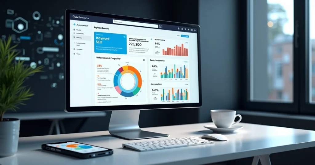 Tela de computador exibindo gráficos de análise de keywords e ferramentas de SEO