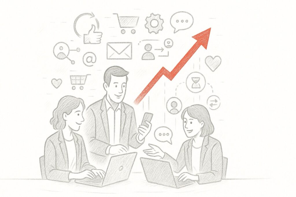 Pequenos empresários usando tecnologia acessível para marketing digital