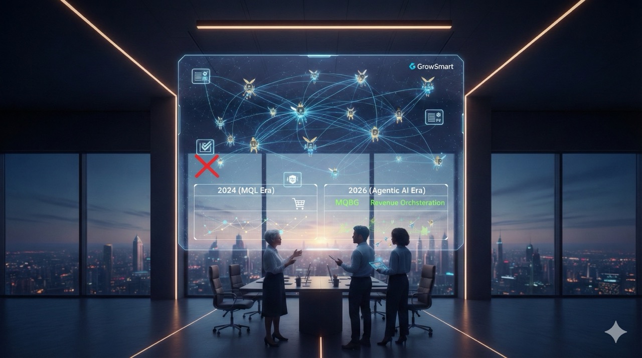 Estrategista de marketing B2B mapeando arquitetura de crescimento com inteligência artificial agêntica