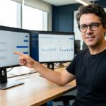 Fernando analisando dashboard de atendimento automatizado com IA em dois monitores no escritório