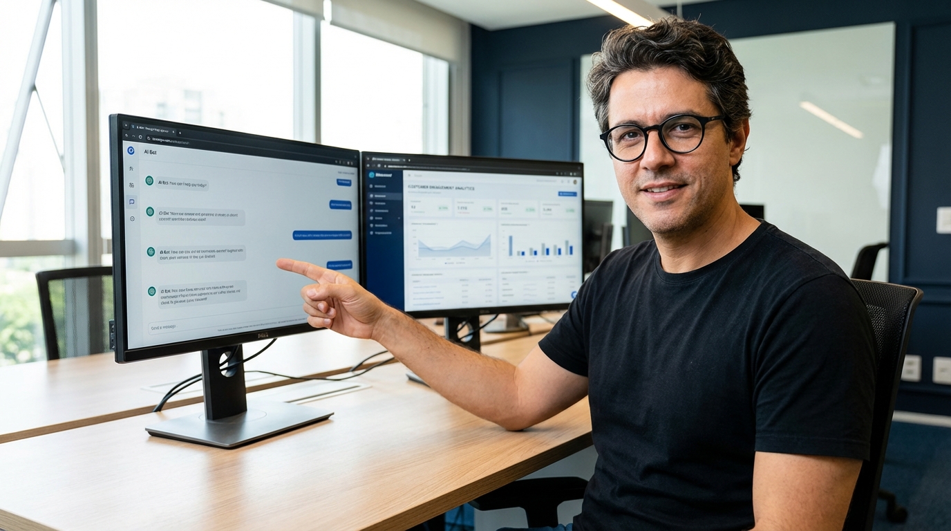 Fernando analisando dashboard de atendimento automatizado com IA em dois monitores no escritório