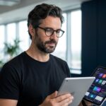 Fernando Affonso segurando tablet com interfaces de ferramentas de IA — ferramentas de IA para PMEs em 2026