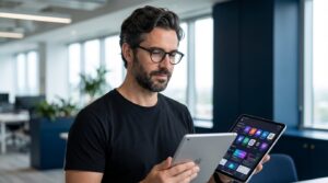 Fernando Affonso segurando tablet com interfaces de ferramentas de IA — ferramentas de IA para PMEs em 2026