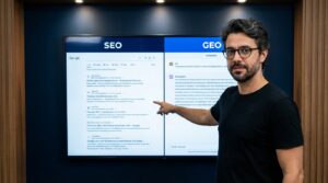 Profissional de marketing analisando estratégia GEO — Generative Engine Optimization — para PME em 2026