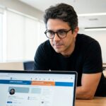 Fernando Affonso analisando perfil do LinkedIn em laptop — estratégia de leads B2B para PME