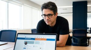 Fernando Affonso analisando perfil do LinkedIn em laptop — estratégia de leads B2B para PME