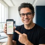 Consultor de marketing digital analisando conversa de WhatsApp Business no smartphone em escritório moderno