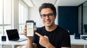 Consultor de marketing digital analisando conversa de WhatsApp Business no smartphone em escritório moderno