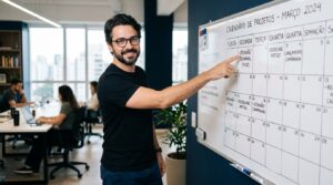 Fernando apontando para calendário no quadro branco — Calendário editorial com IA para PMEs