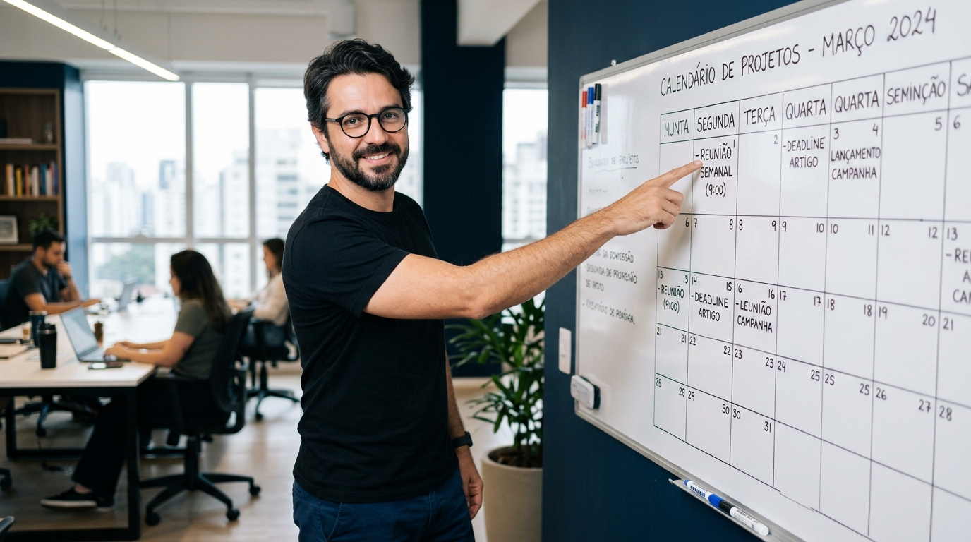 Fernando apontando para calendário no quadro branco — Calendário editorial com IA para PMEs