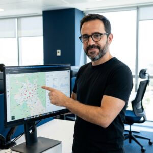 Fernando Affonso apontando para mapa no monitor — Google Meu Negócio para PMEs