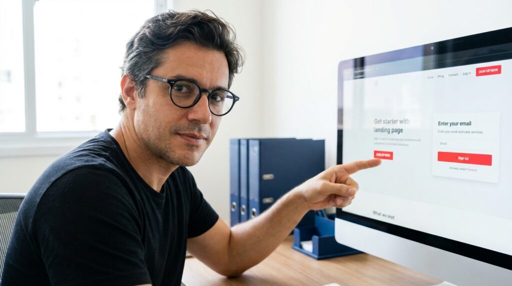 Fernando Affonso apontando para tela com landing page de alta conversao — elementos essenciais para PMEs
