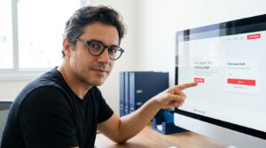 Fernando Affonso apontando para tela com landing page de alta conversao — elementos essenciais para PMEs