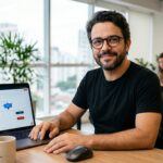 Fernando configurando sequencia de email marketing no laptop com tela mostrando fluxo de automacao — sequencias email marketing PME