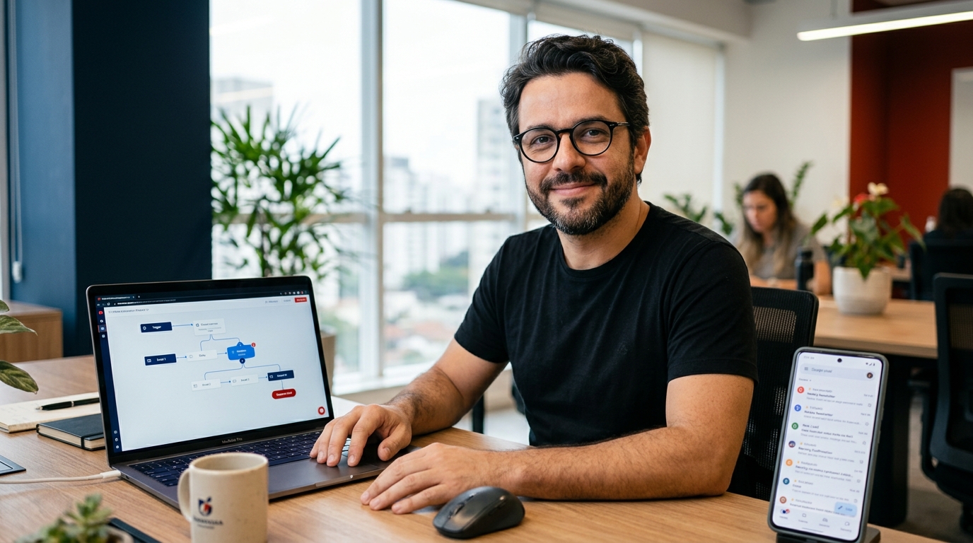 Fernando configurando sequencia de email marketing no laptop com tela mostrando fluxo de automacao — sequencias email marketing PME