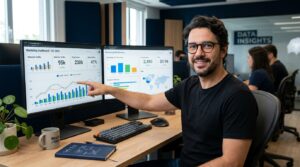 Fernando analisando dados de tráfego orgânico vs pago em dashboards de analytics — guia para PMEs