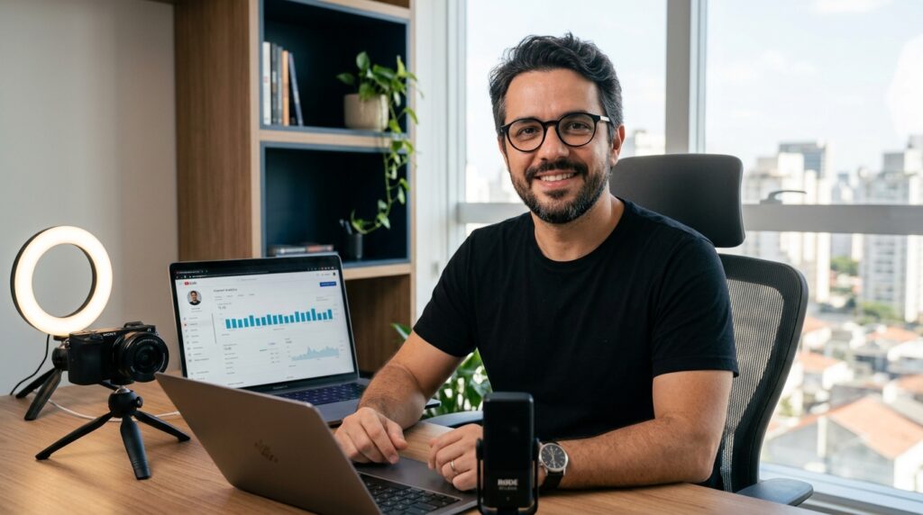 Fernando criando conteudo de video para PME em home studio caseiro — YouTube para PMEs