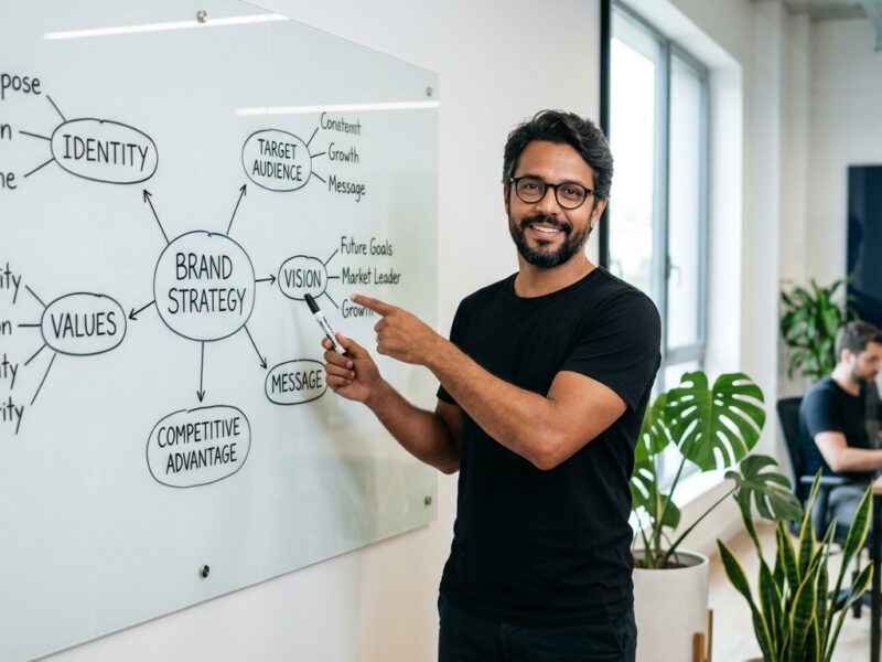Fernando Affonso apontando para mapa de estratégia de marca — Branding para PMEs
