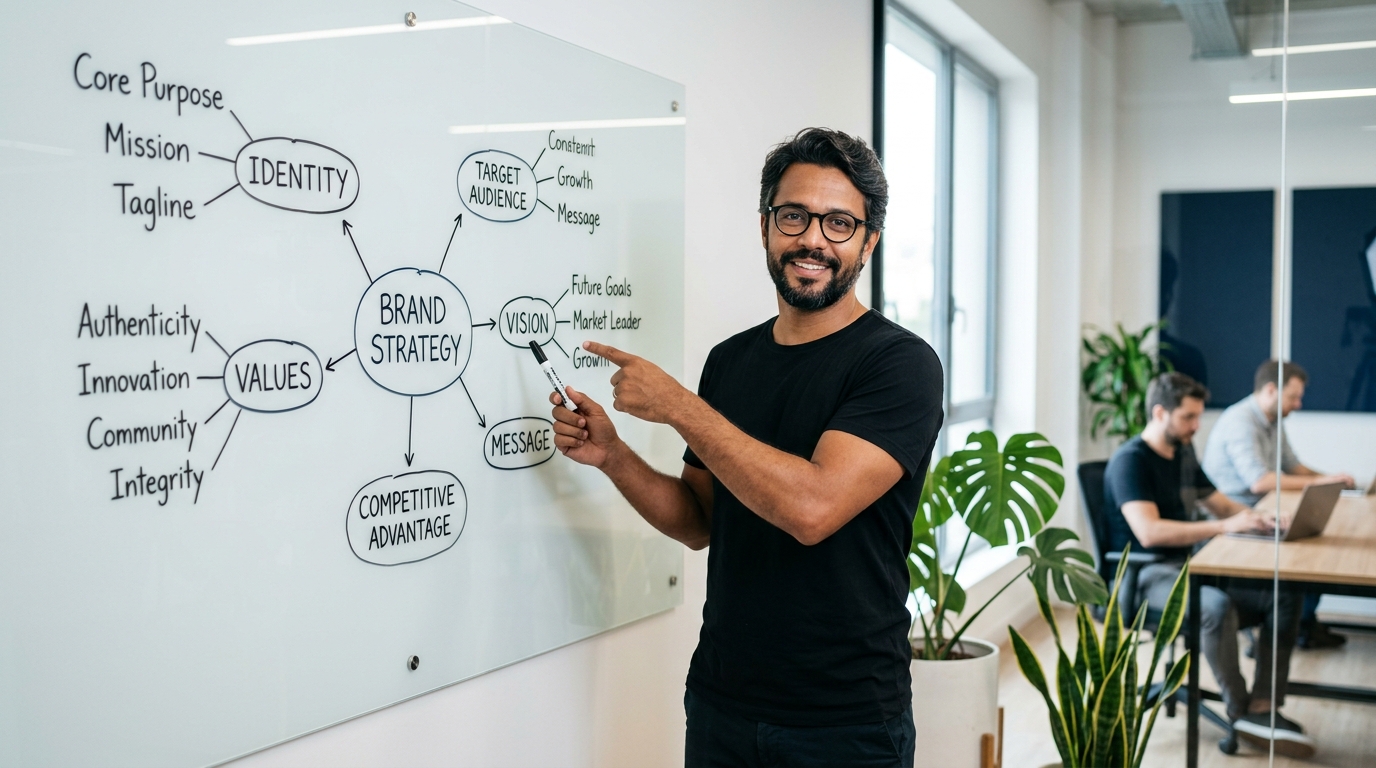 Fernando Affonso apontando para mapa de estratégia de marca — Branding para PMEs