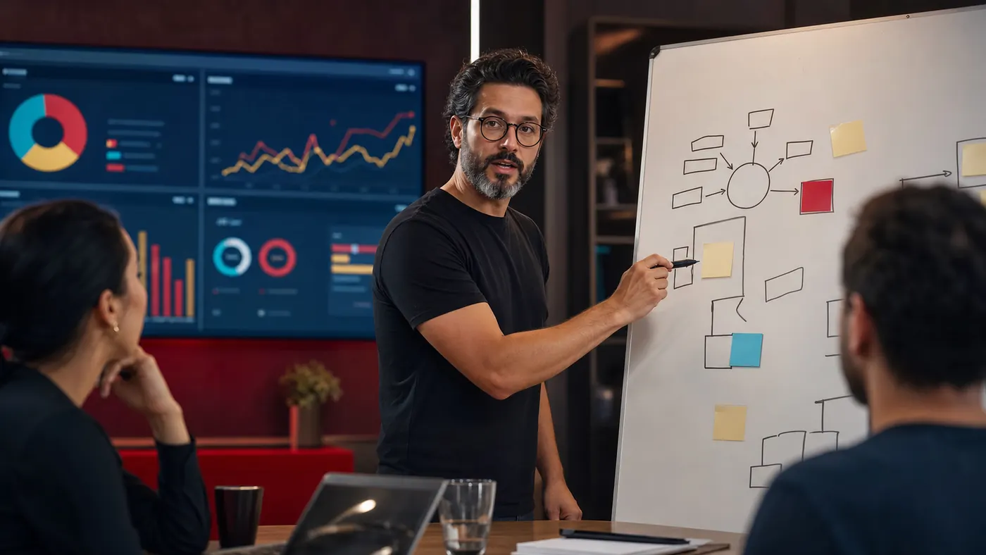 Consultoria de marketing digital para PME em reunião estratégica com análise de dados e quadro branco