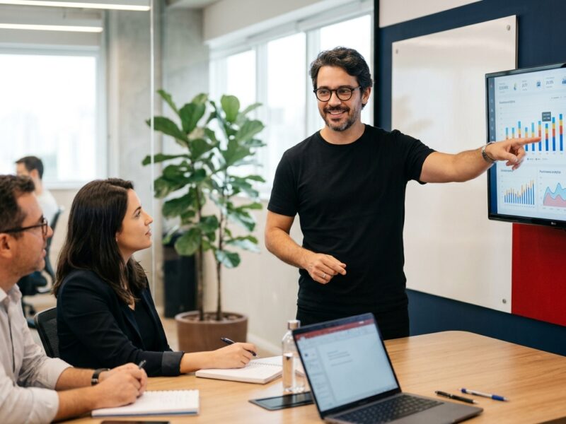 Fernando da GrowSmart em reunião de consultoria estratégica sobre marketing digital para PMEs