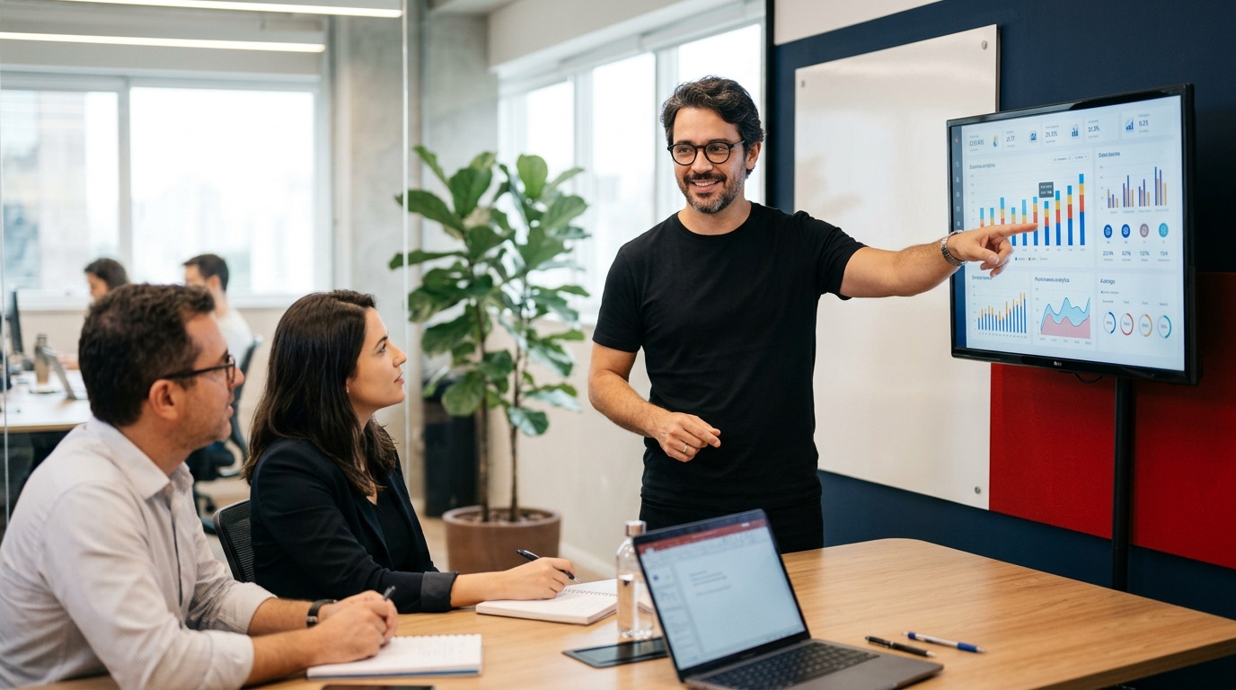 Fernando da GrowSmart em reunião de consultoria estratégica sobre marketing digital para PMEs