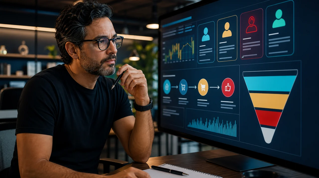 Consultor analisando personas criadas com IA em painel de dados de marketing para PMEs