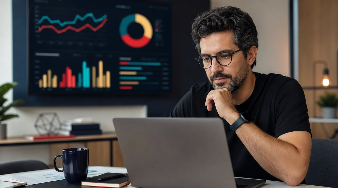 Fernando analisando métricas de Google Analytics 4 para PMEs em painel de decisão