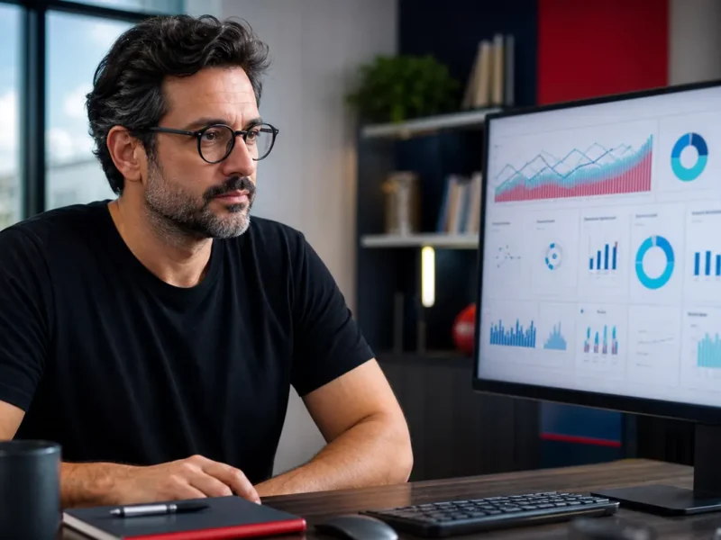 Fernando analisando dados do Google Search Console em um monitor com gráficos de tráfego orgânico