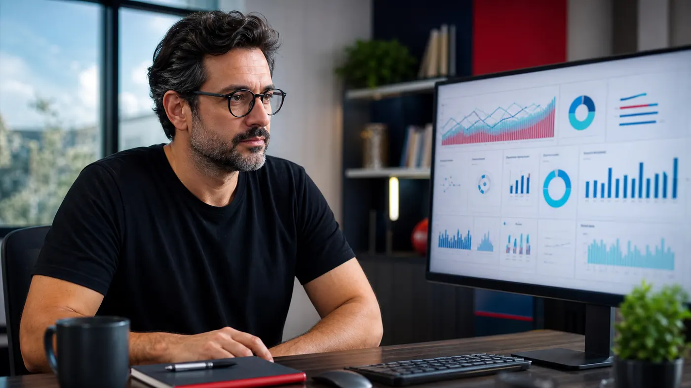 Fernando analisando dados do Google Search Console em um monitor com gráficos de tráfego orgânico