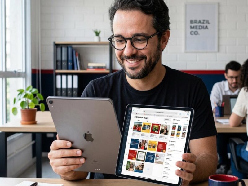 Fernando da GrowSmart revisando um calendário de conteúdo para Instagram em uma PME