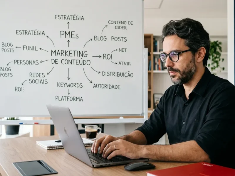 Marketing de conteudo para PMEs homem em escritorio com laptop e quadro branco