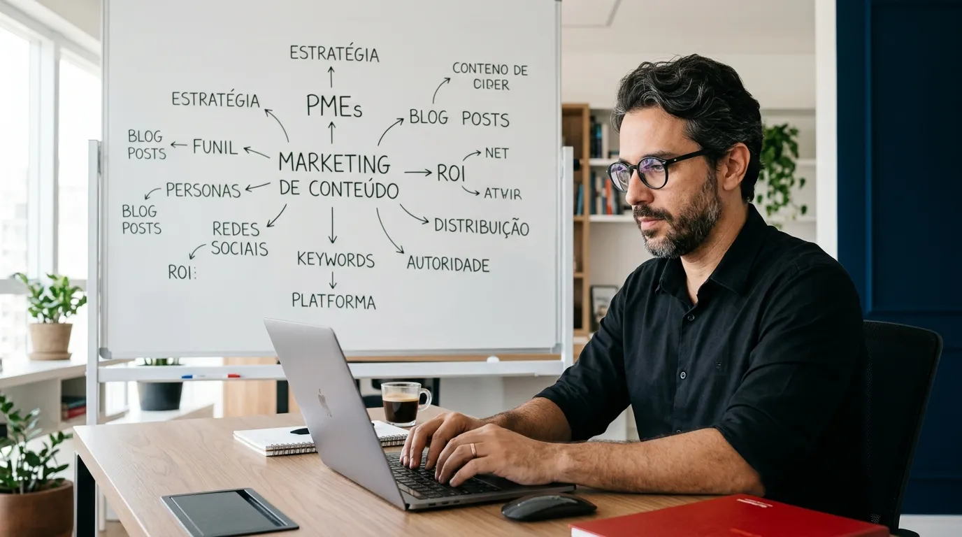 Marketing de conteudo para PMEs homem em escritorio com laptop e quadro branco