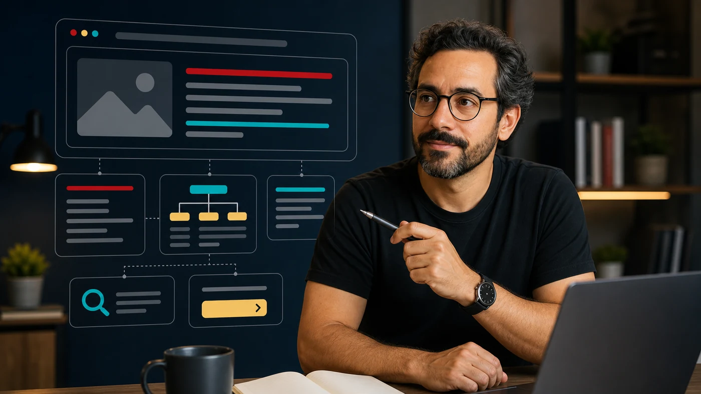 Fernando Affonso analisando estrutura de SEO on-page para PMEs em quadro digital