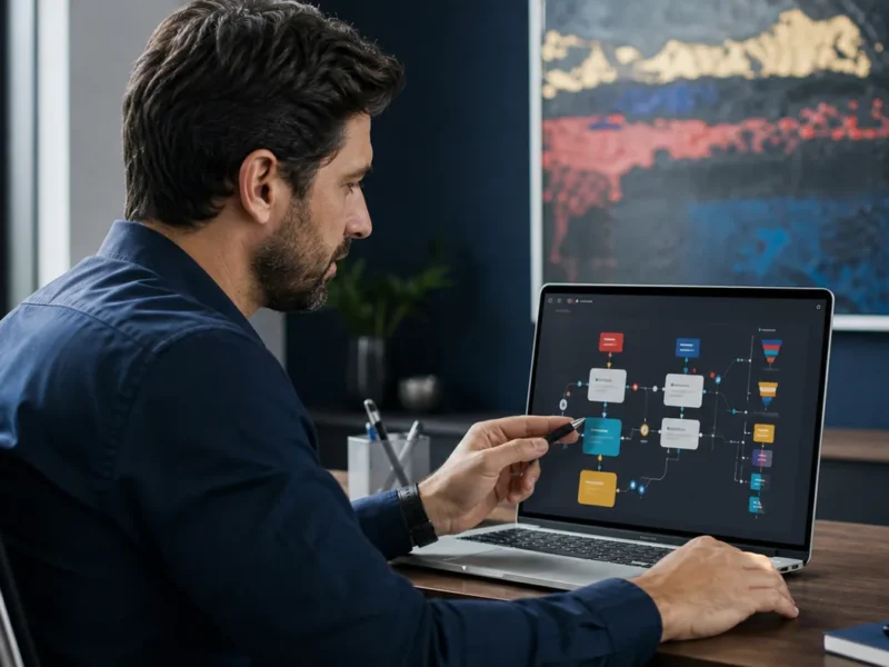 Sequências de e-mail marketing para PMEs com fluxo de automação e funil comercial em laptop