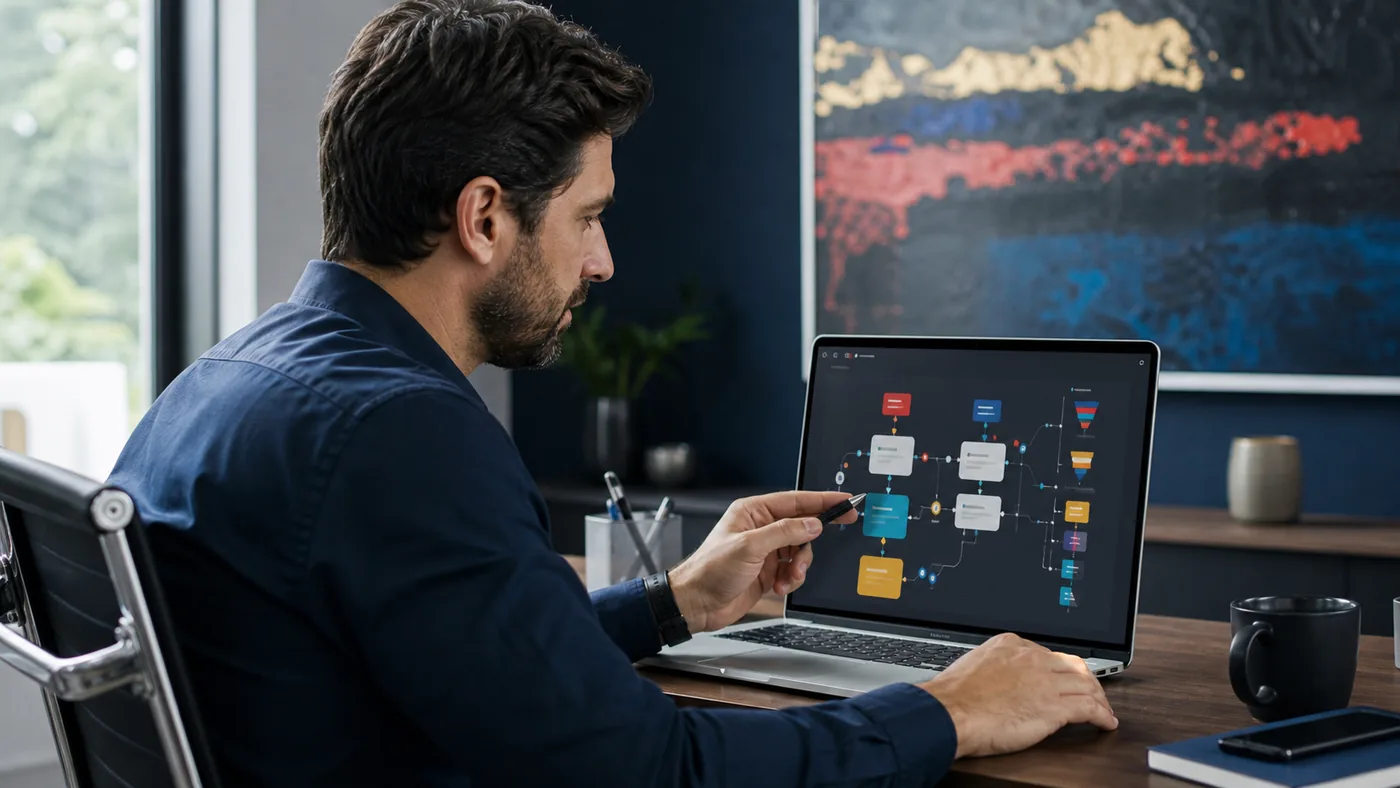 Sequências de e-mail marketing para PMEs com fluxo de automação e funil comercial em laptop