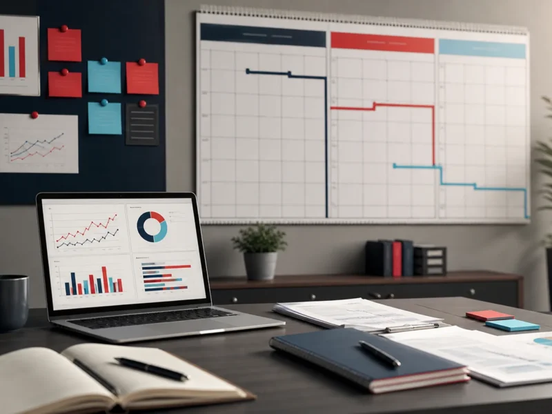 Sala de reunião com calendário trimestral, dashboard e laptop em uma estratégia de marketing de 90 dias