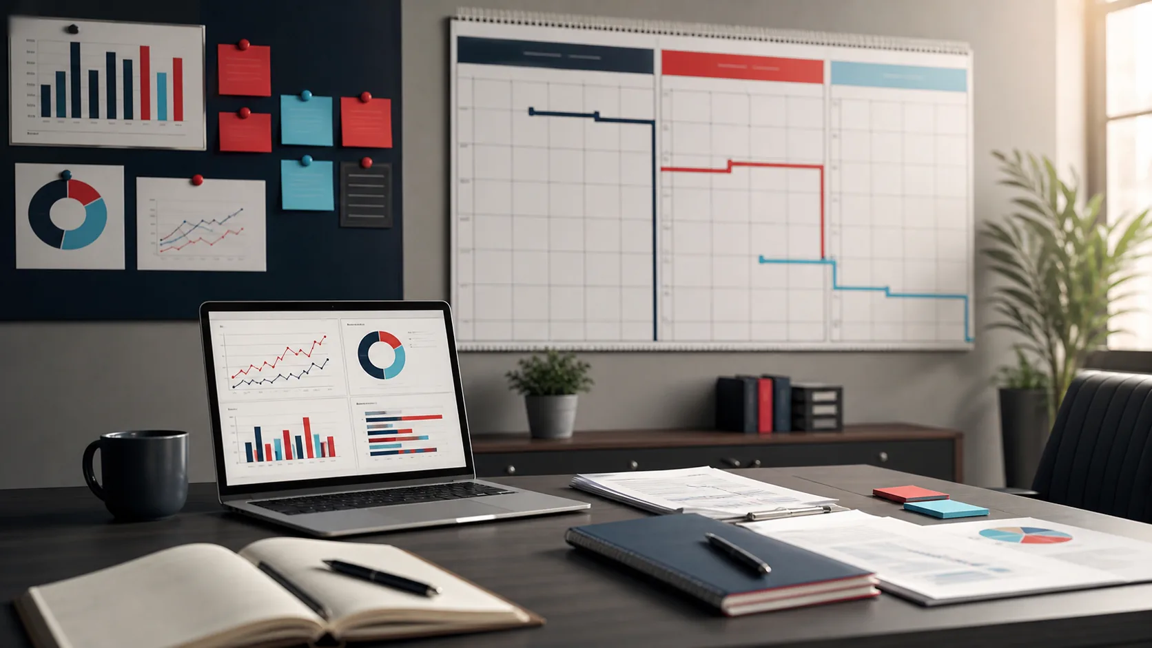 Sala de reunião com calendário trimestral, dashboard e laptop em uma estratégia de marketing de 90 dias